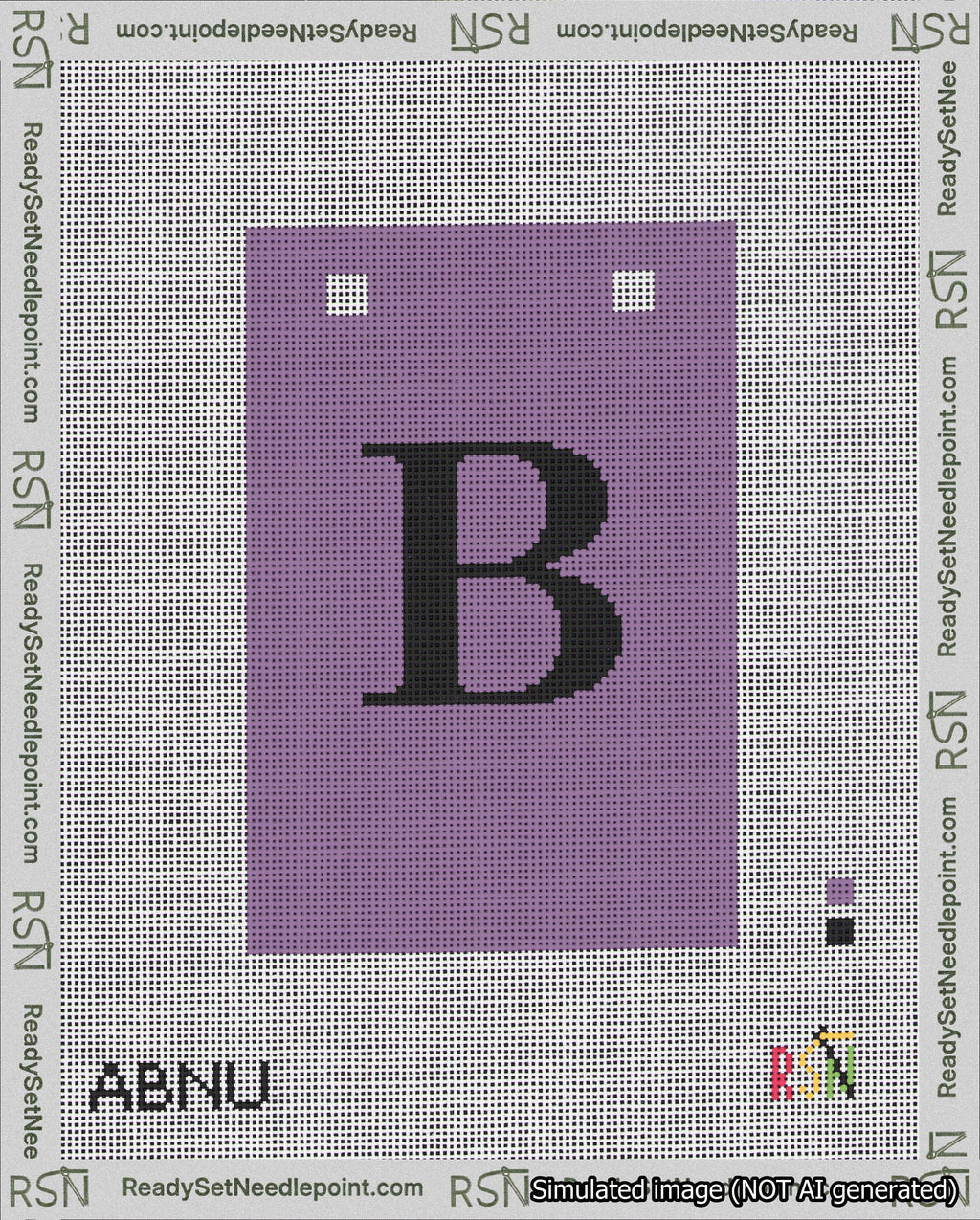 A taped needlepoint canvas with the design: Banner 18 mesh count Squared B Black on Purple.
