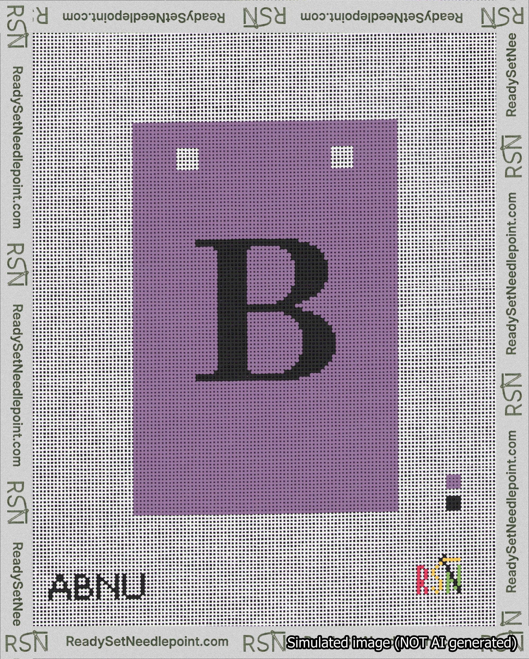 A taped needlepoint canvas with the design: Banner 18 mesh count Squared B Black on Purple.
