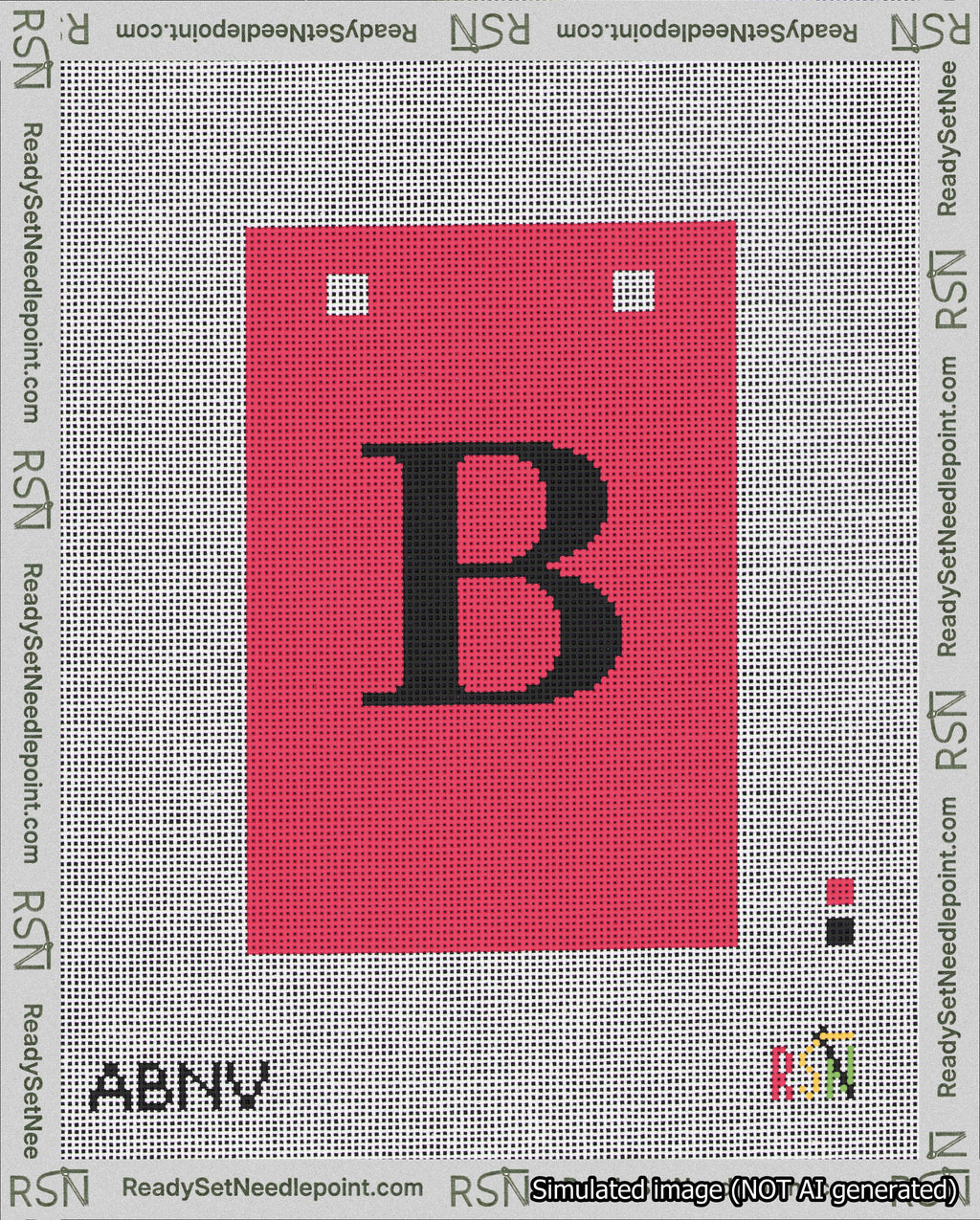 A taped needlepoint canvas with the design: Banner 18 mesh count Squared B Black on Red.