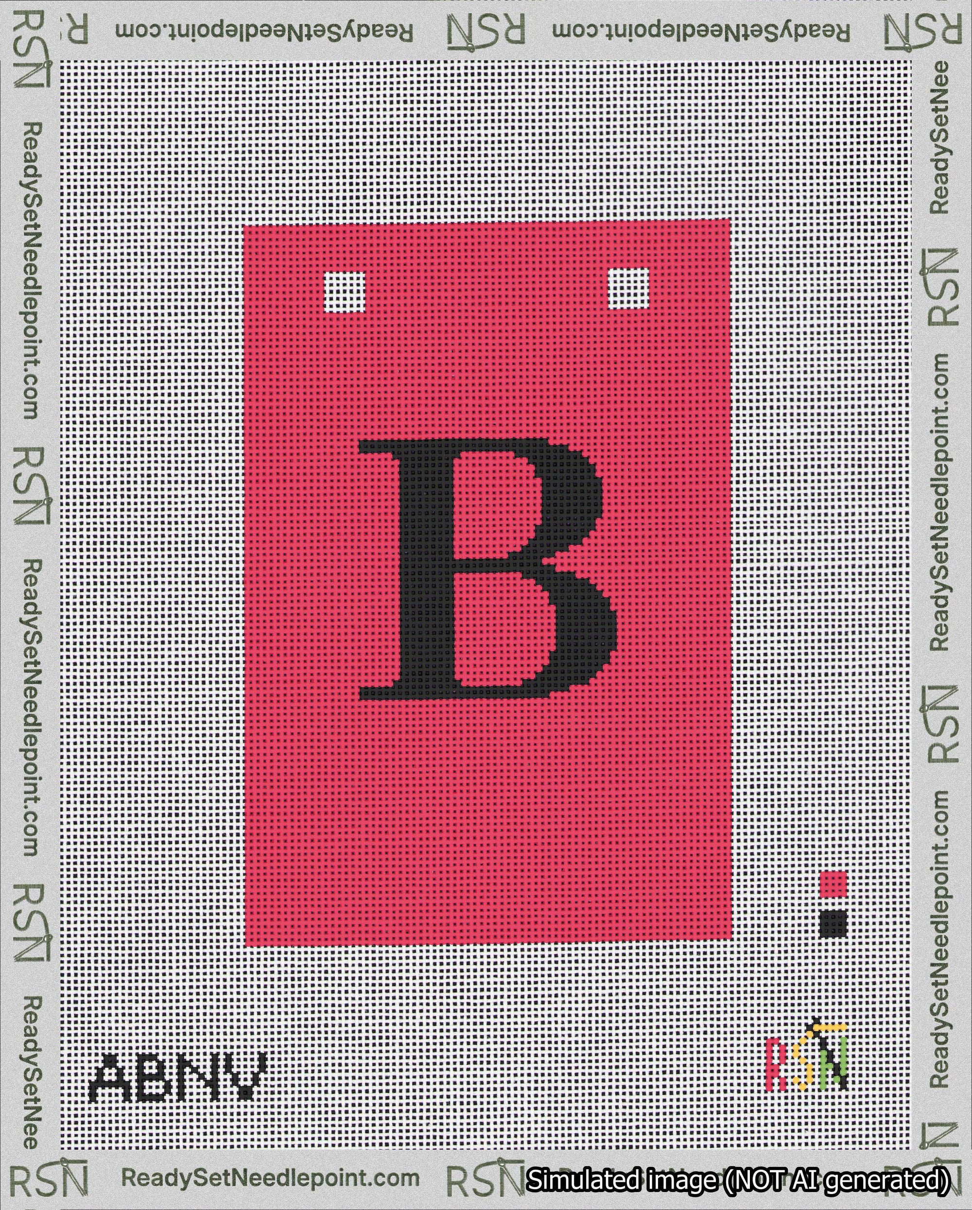 A taped needlepoint canvas with the design: Banner 18 mesh count Squared B Black on Red.