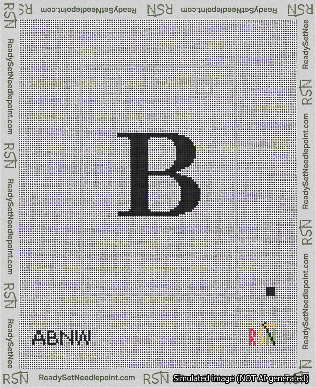 A taped needlepoint canvas with the design: Banner 18 mesh count Squared B Black on White.