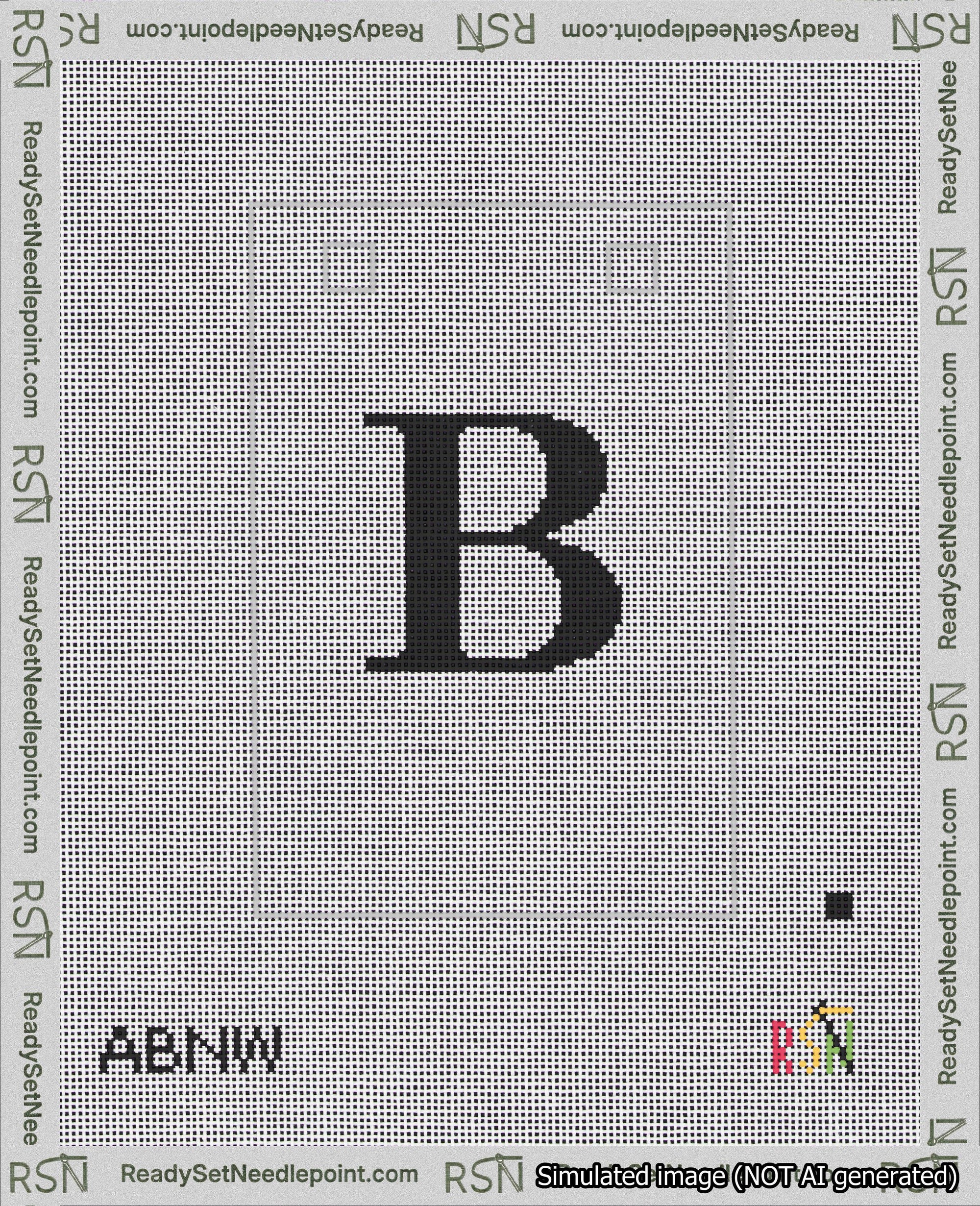 A taped needlepoint canvas with the design: Banner 18 mesh count Squared B Black on White.