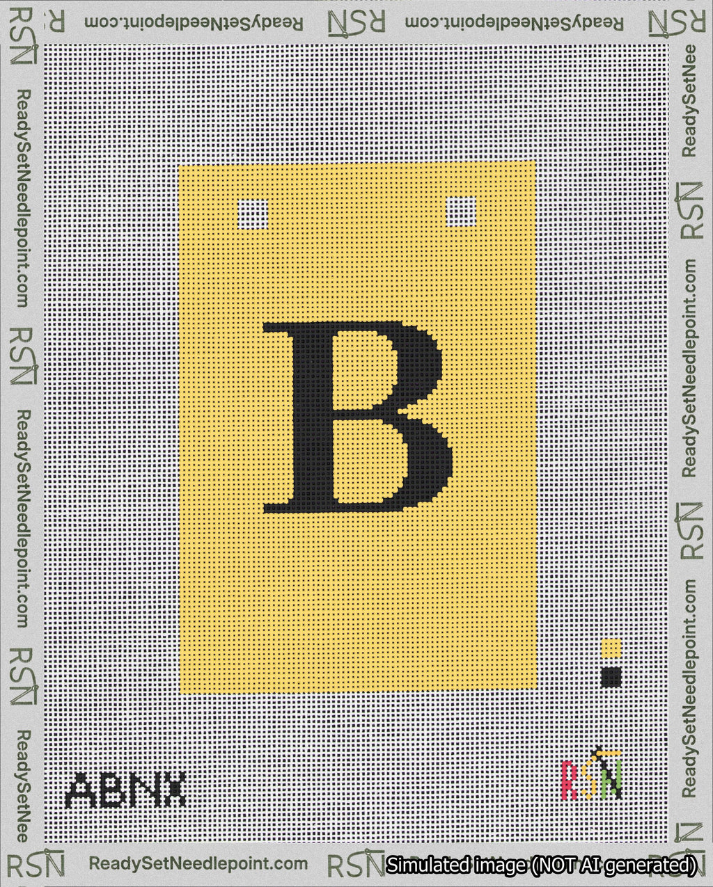 A taped needlepoint canvas with the design: Banner 18 mesh count Squared B Black on Yellow.