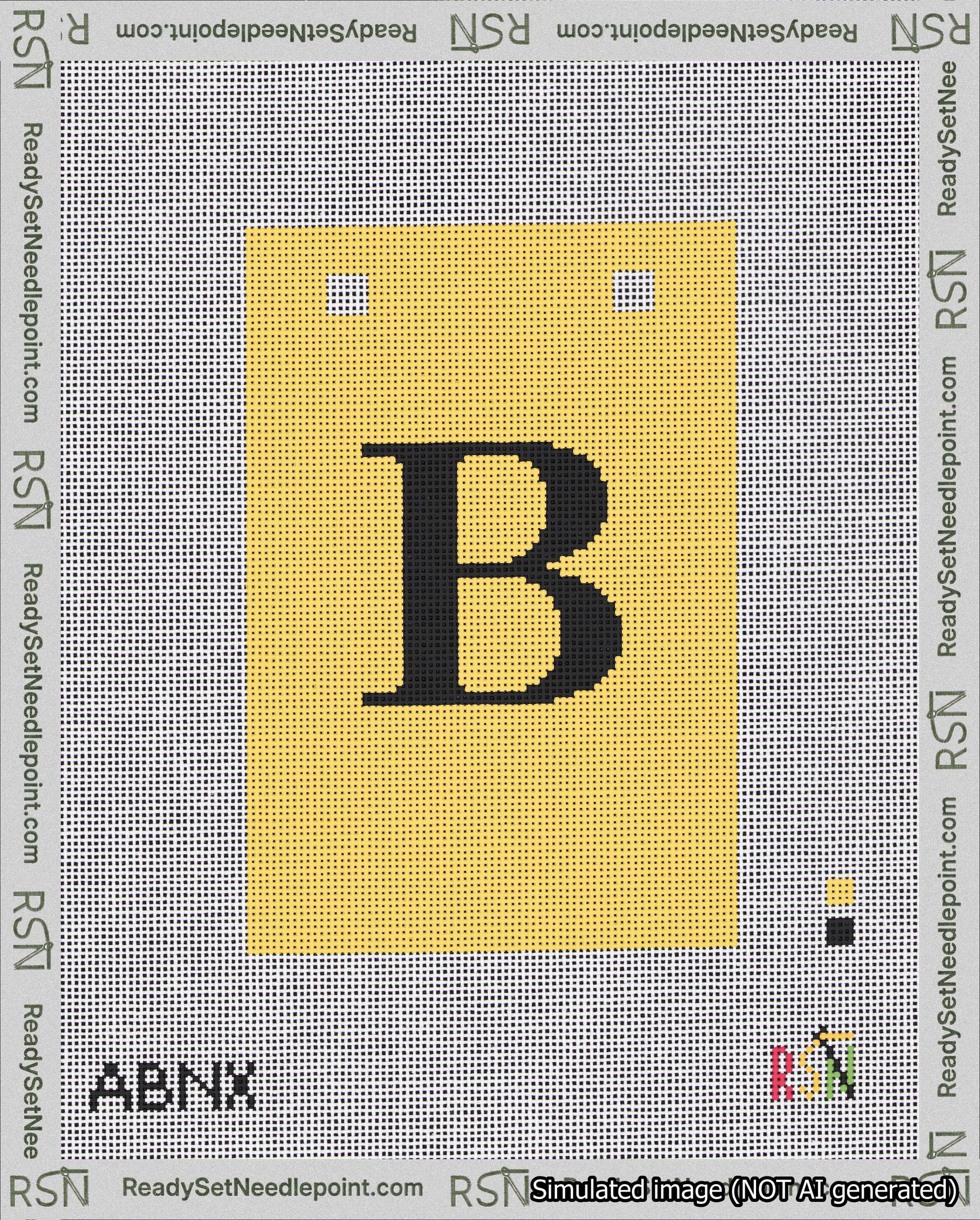 A taped needlepoint canvas with the design: Banner 18 mesh count Squared B Black on Yellow.