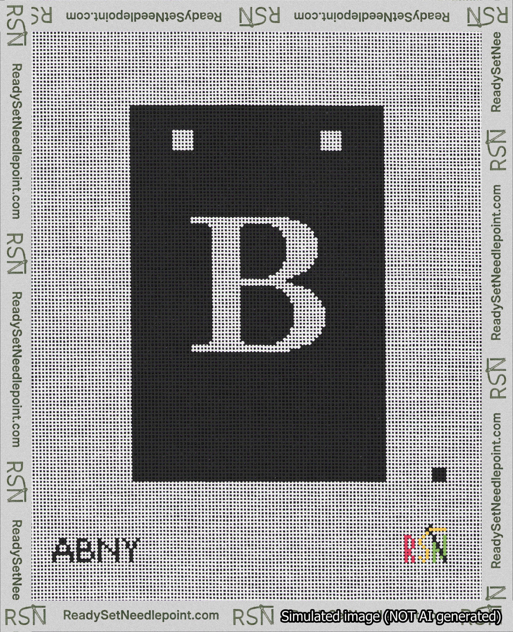 A taped needlepoint canvas with the design: Banner 18 mesh count Squared B White on Black.