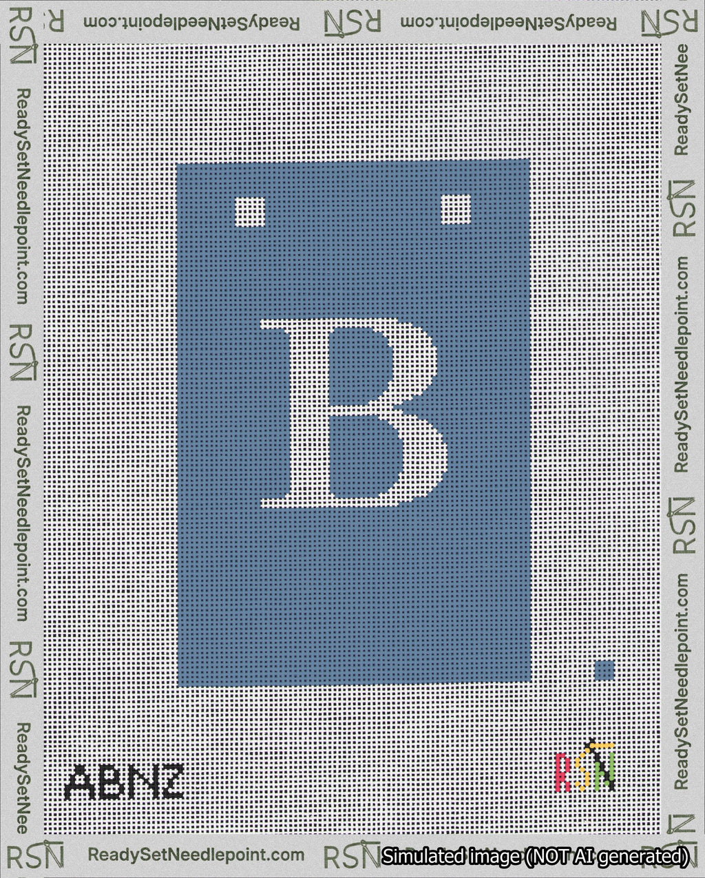 A taped needlepoint canvas with the design: Banner 18 mesh count Squared B White on Blue.