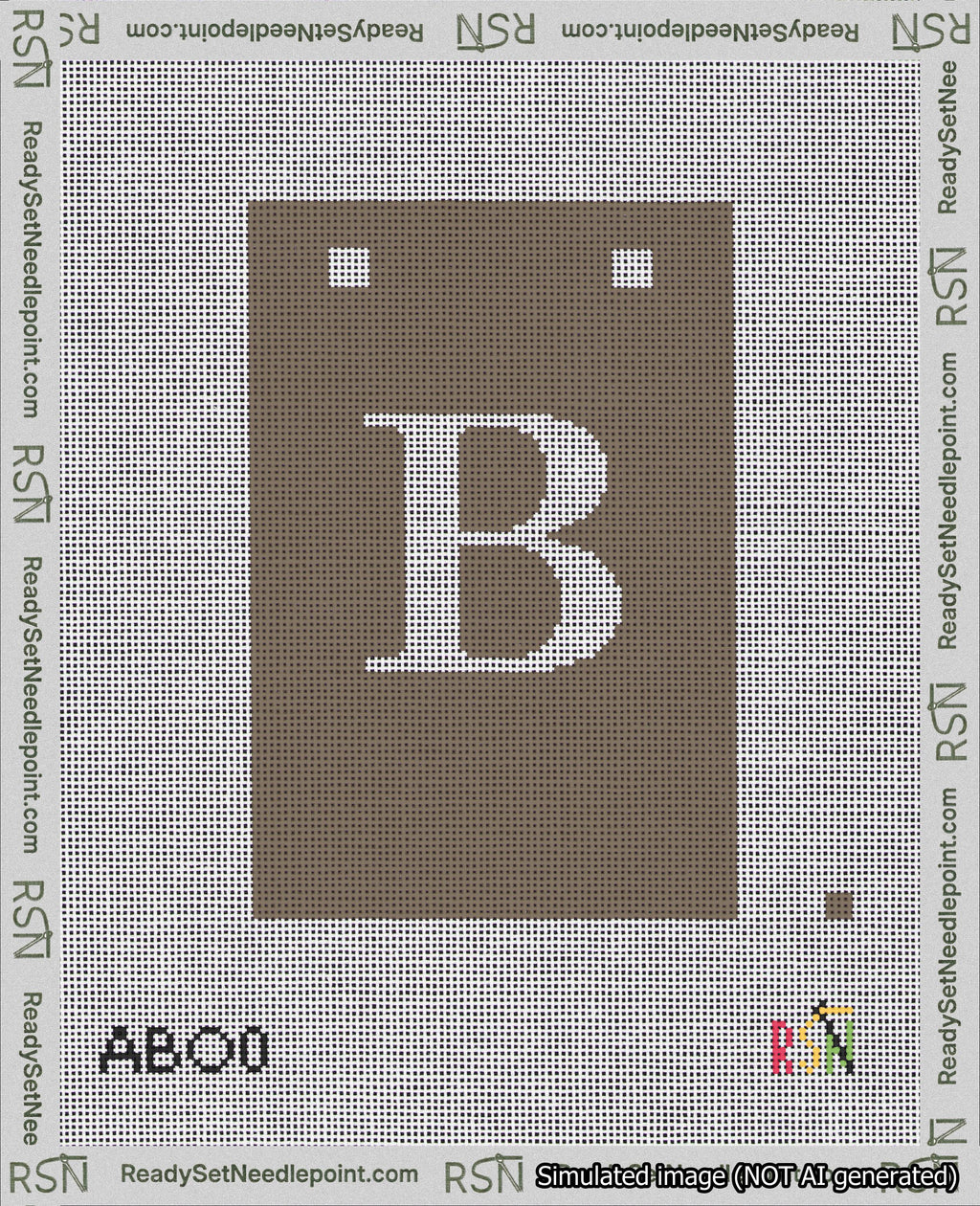 A taped needlepoint canvas with the design: Banner 18 mesh count Squared B White on Brown.