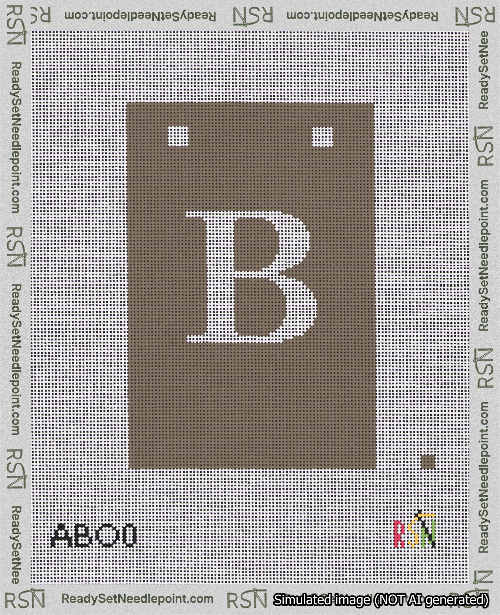 A taped needlepoint canvas with the design: Banner 18 mesh count Squared B White on Brown.