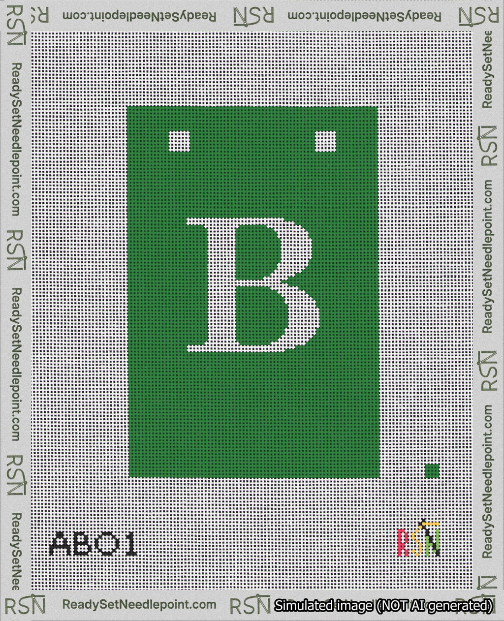 A taped needlepoint canvas with the design: Banner 18 mesh count Squared B White on Green.