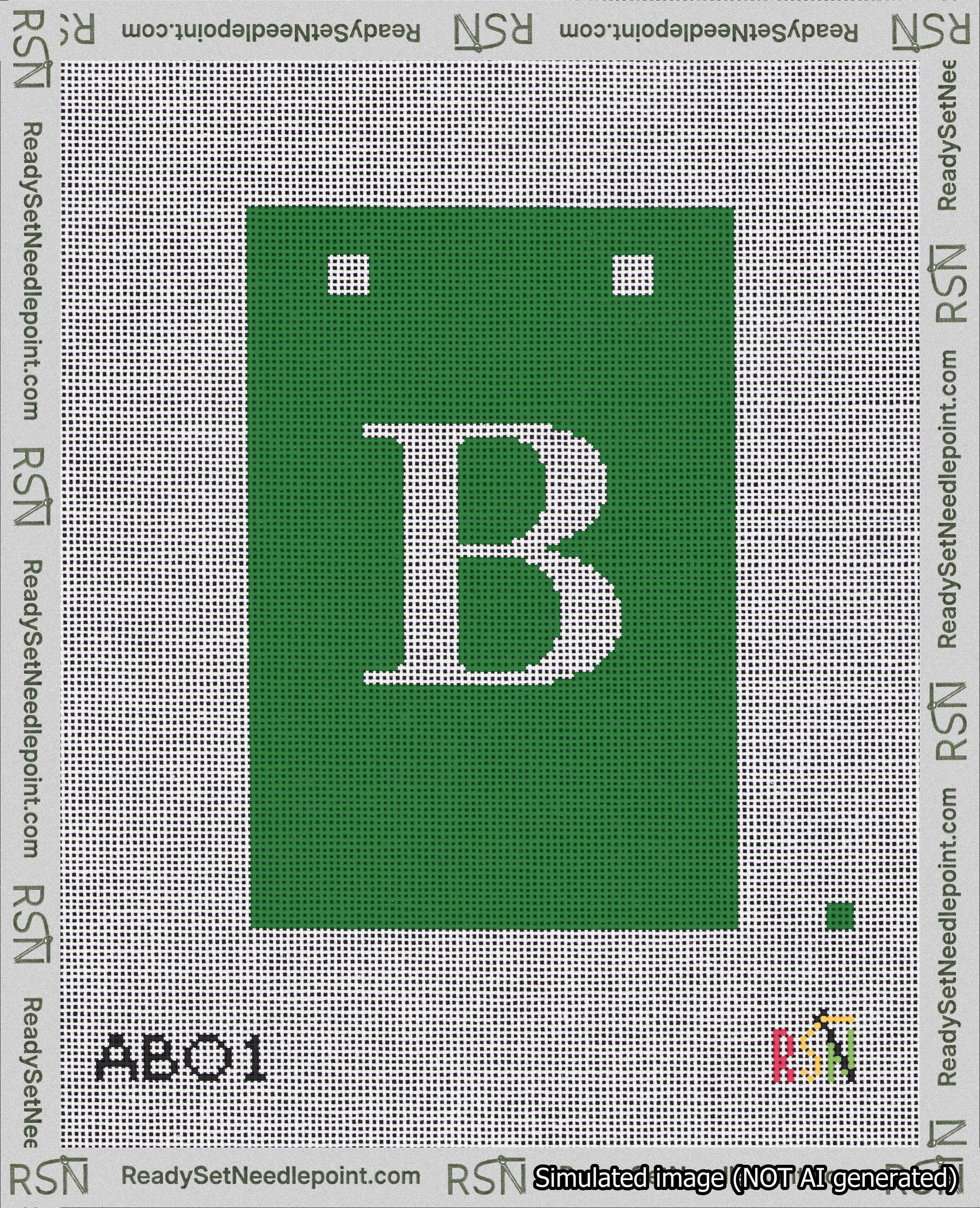 A taped needlepoint canvas with the design: Banner 18 mesh count Squared B White on Green.