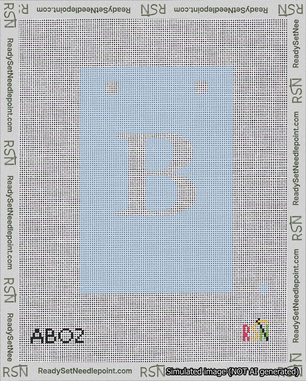 A taped needlepoint canvas with the design: Banner 18 mesh count Squared B White on Light Blue.
