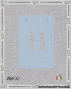 A taped needlepoint canvas with the design: Banner 18 mesh count Squared B White on Light Blue.