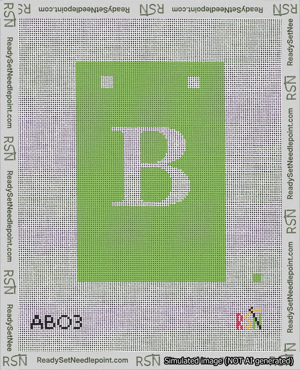 A taped needlepoint canvas with the design: Banner 18 mesh count Squared B White on Light Green.