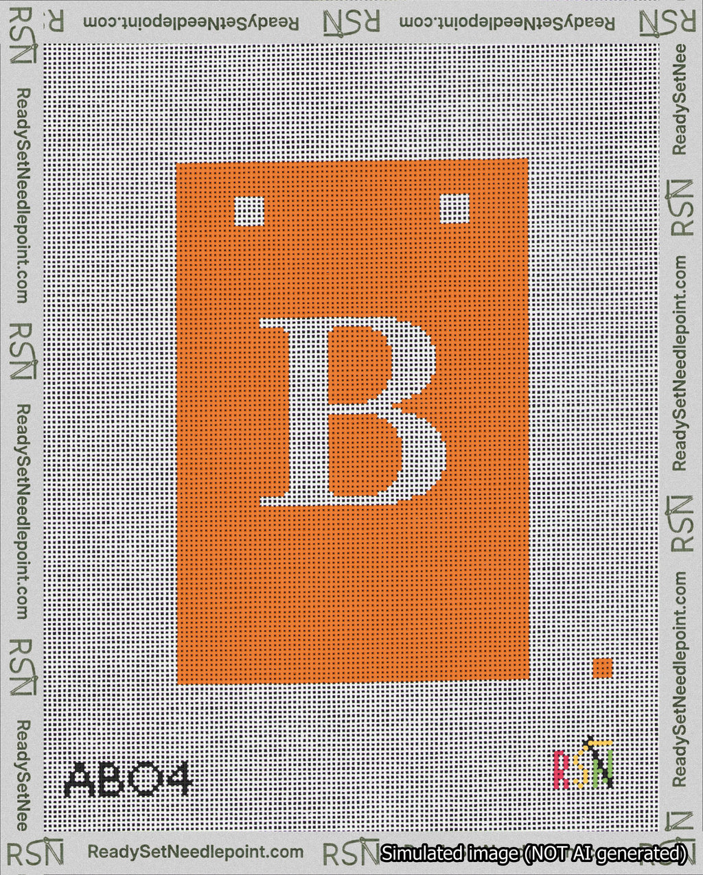 A taped needlepoint canvas with the design: Banner 18 mesh count Squared B White on Orange.