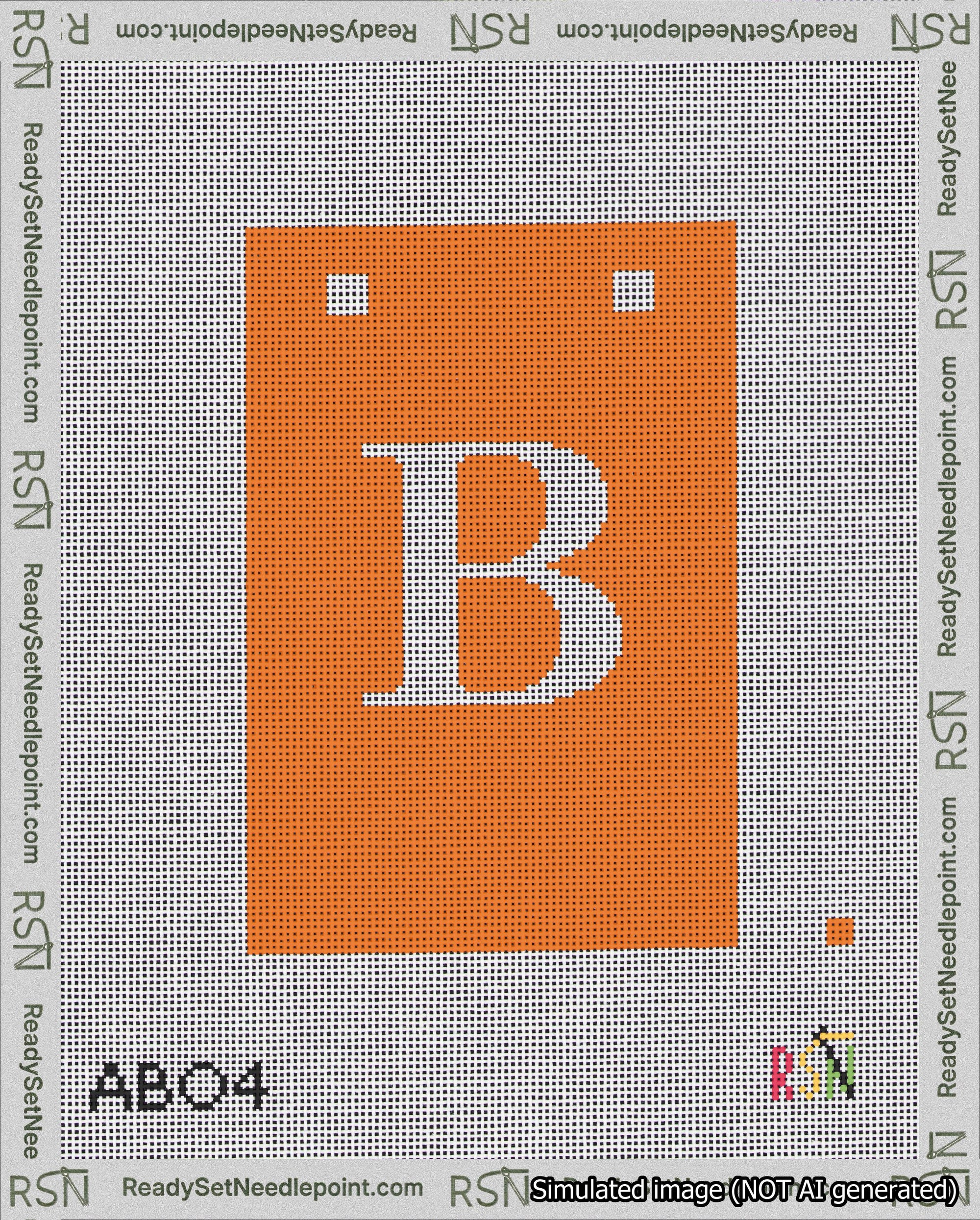A taped needlepoint canvas with the design: Banner 18 mesh count Squared B White on Orange.