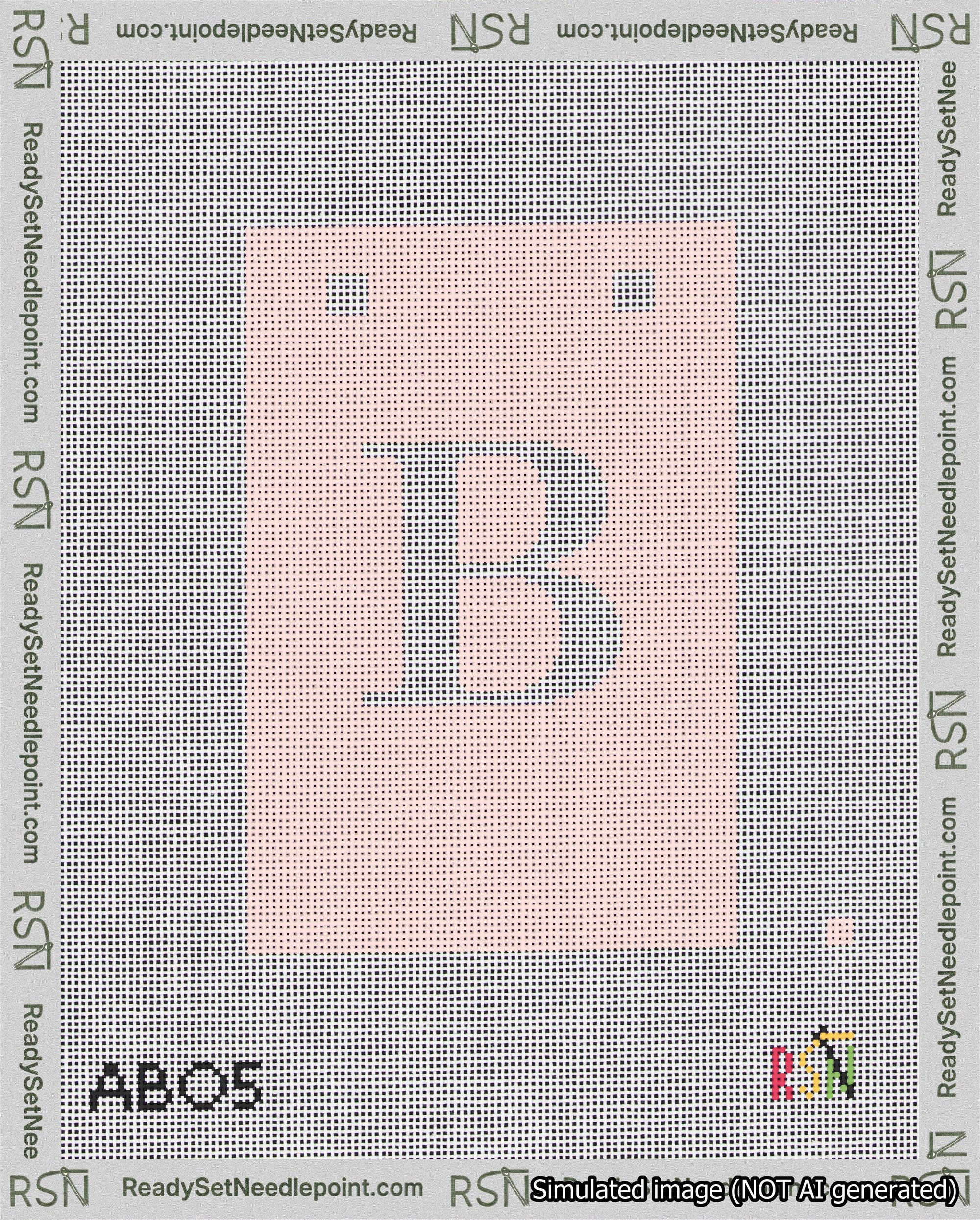 A taped needlepoint canvas with the design: Banner 18 mesh count Squared B White on Pink.