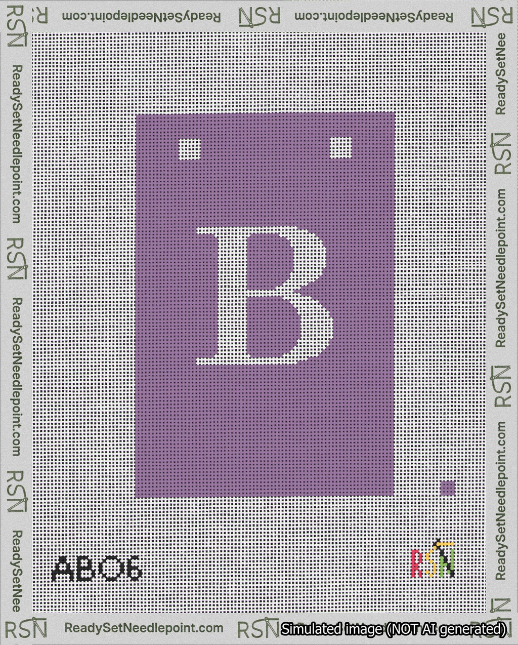 A taped needlepoint canvas with the design: Banner 18 mesh count Squared B White on Purple.
