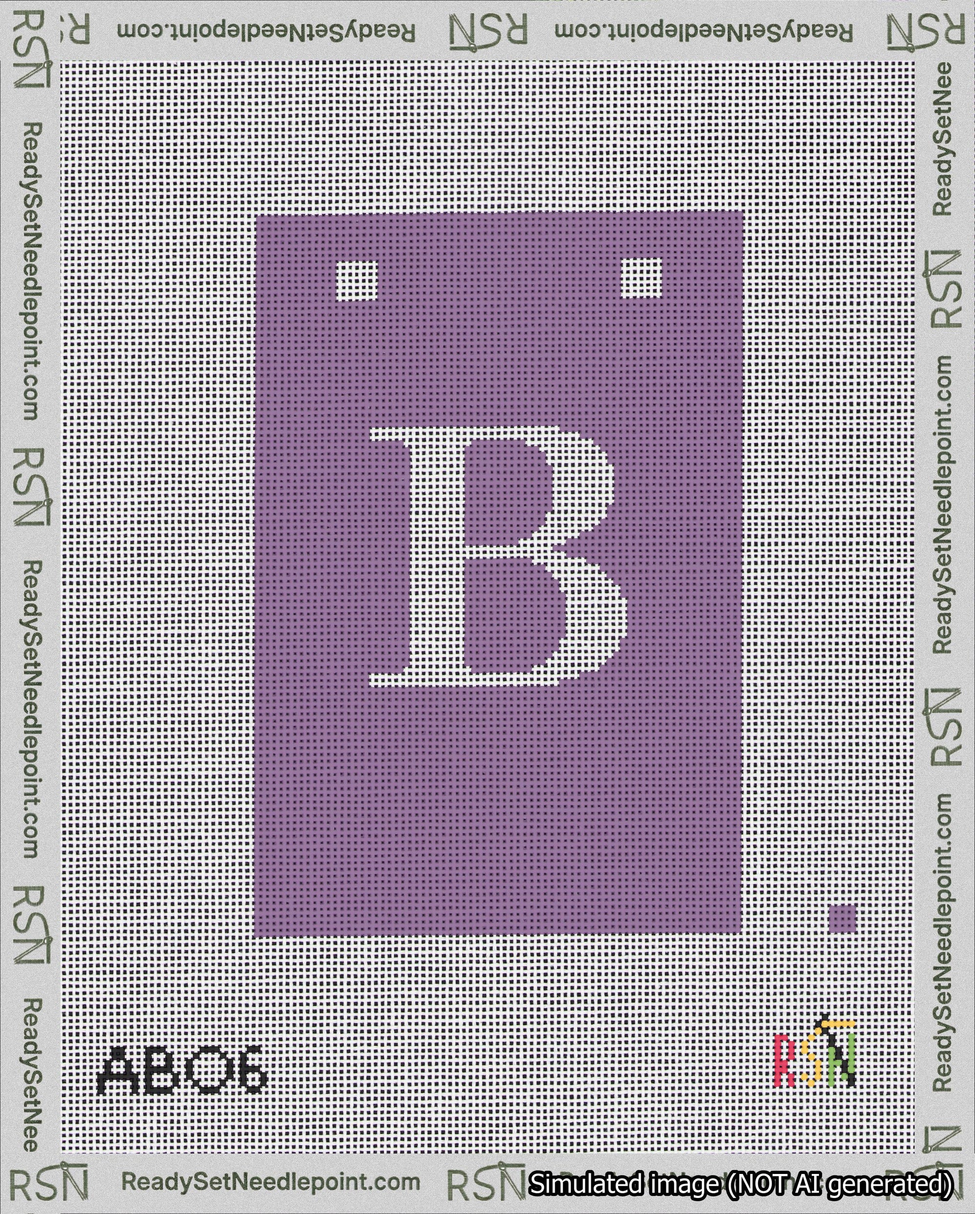 A taped needlepoint canvas with the design: Banner 18 mesh count Squared B White on Purple.