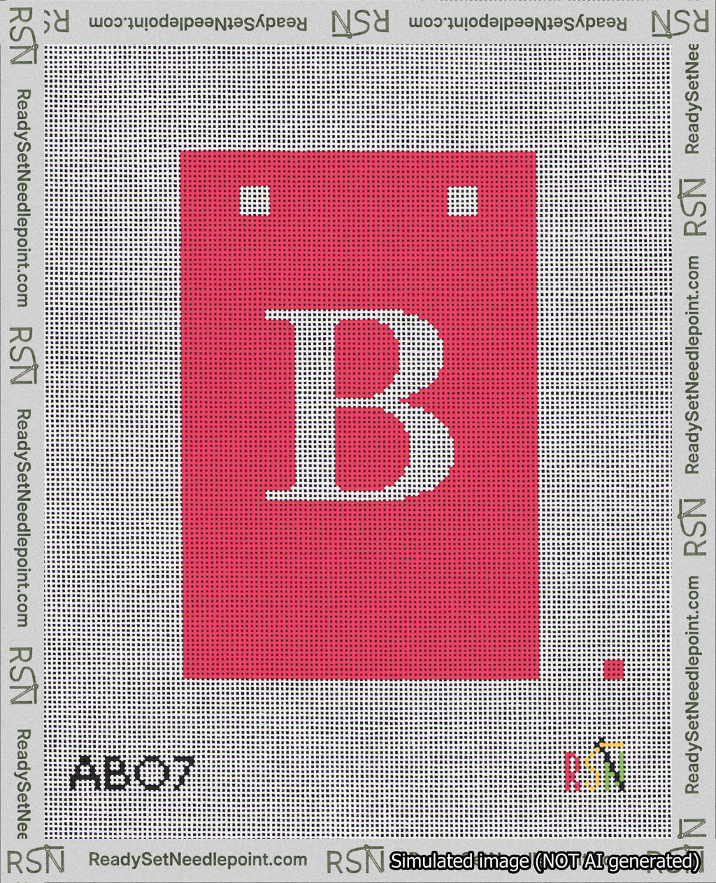 A taped needlepoint canvas with the design: Banner 18 mesh count Squared B White on Red.