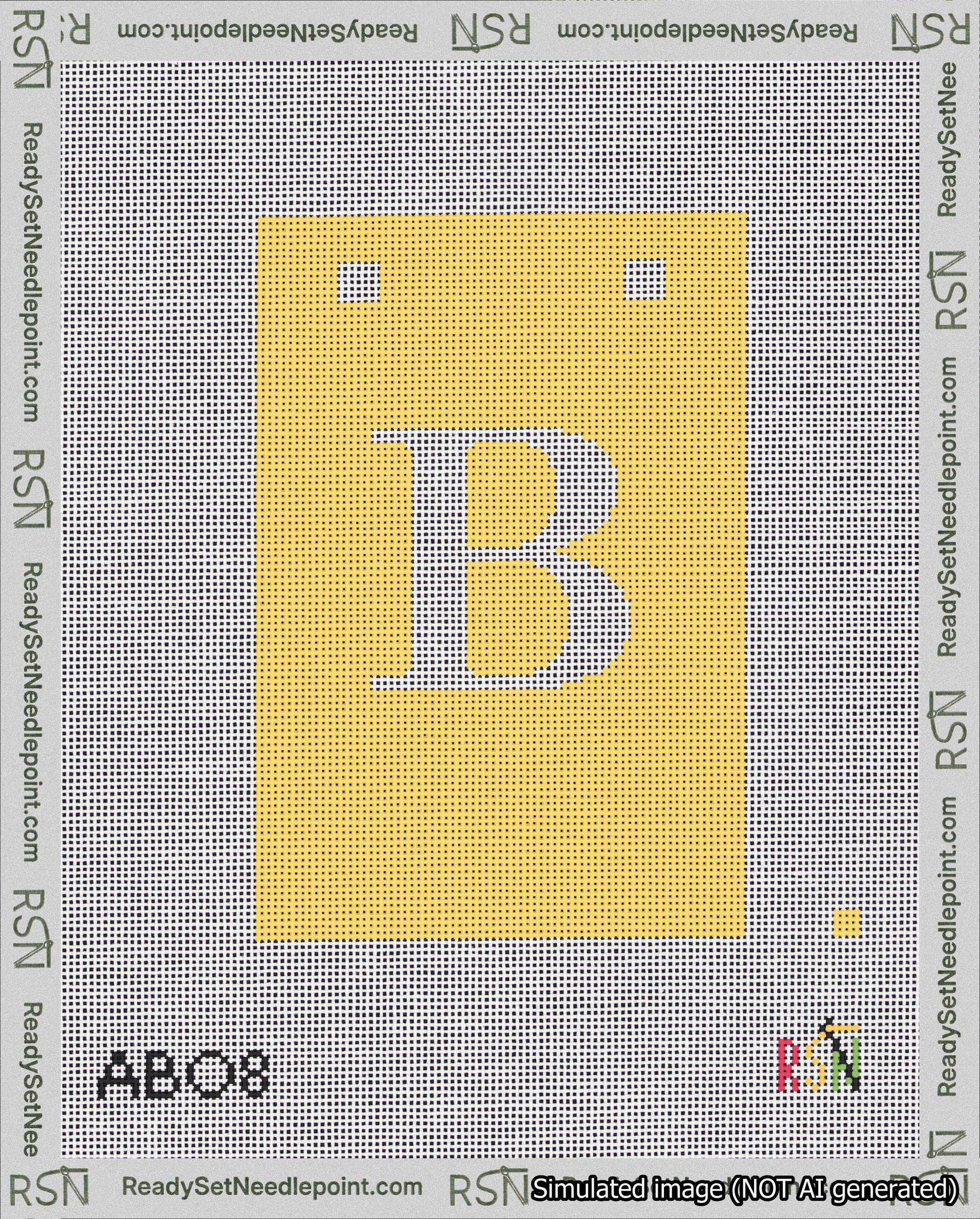 A taped needlepoint canvas with the design: Banner 18 mesh count Squared B White on Yellow.