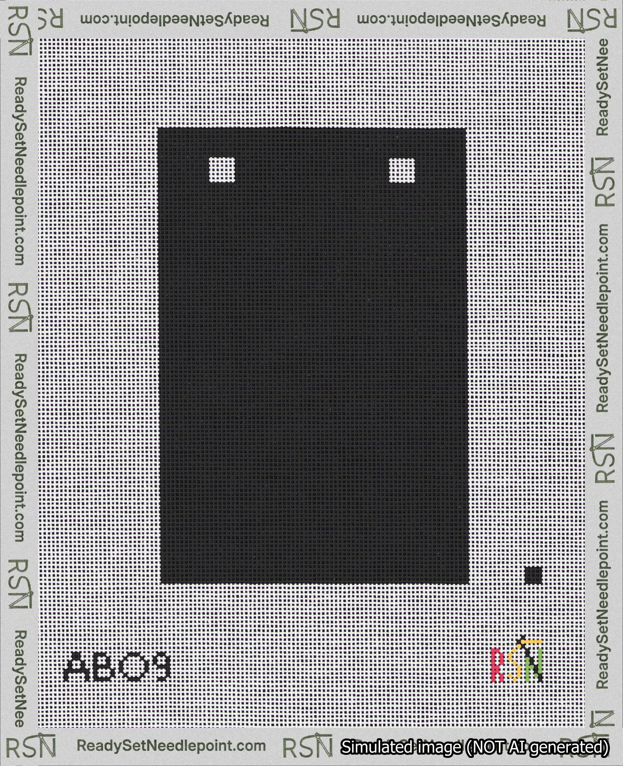 A taped needlepoint canvas with the design: Banner 18 mesh count Squared Blank Black.