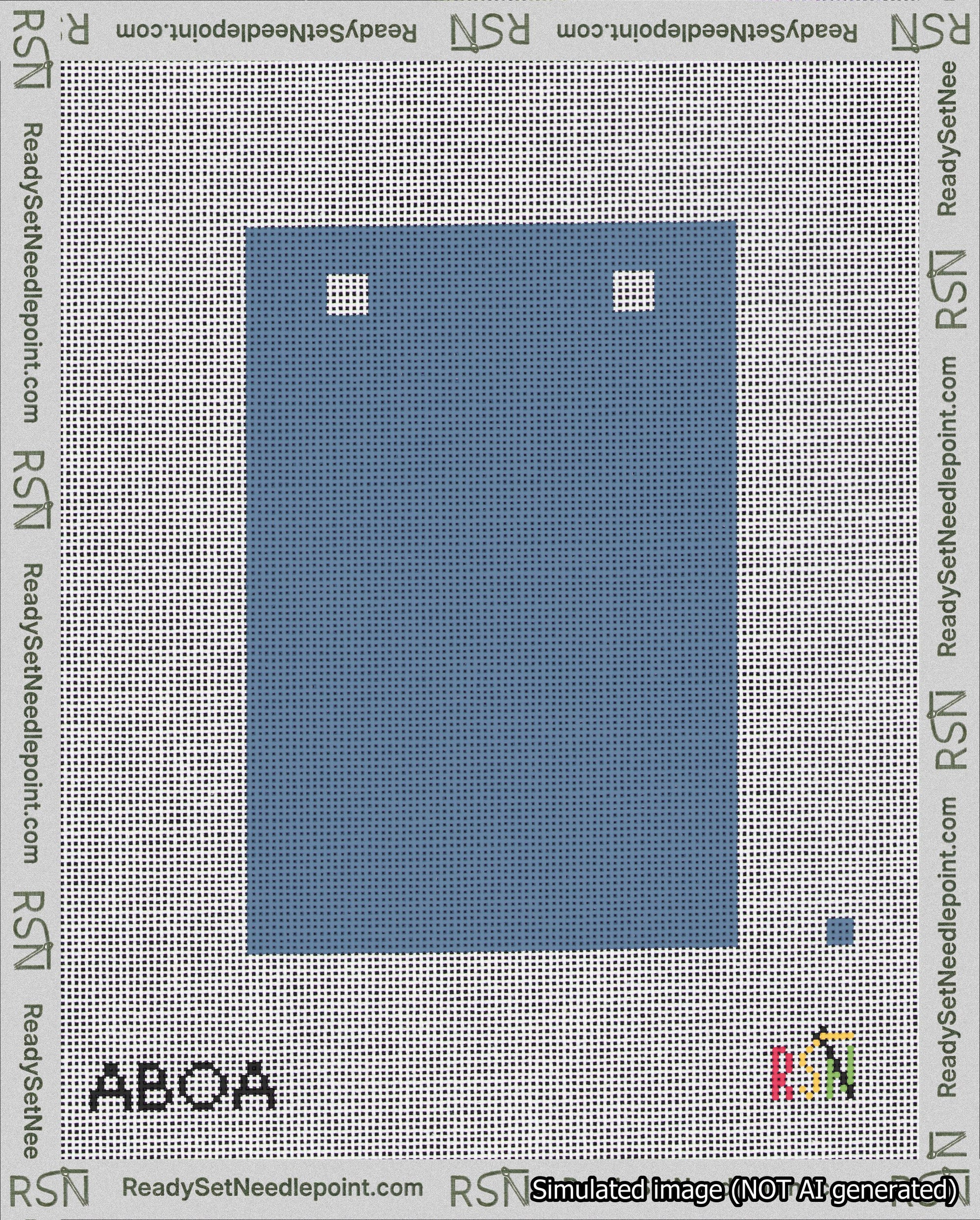 A taped needlepoint canvas with the design: Banner 18 mesh count Squared Blank Blue.
