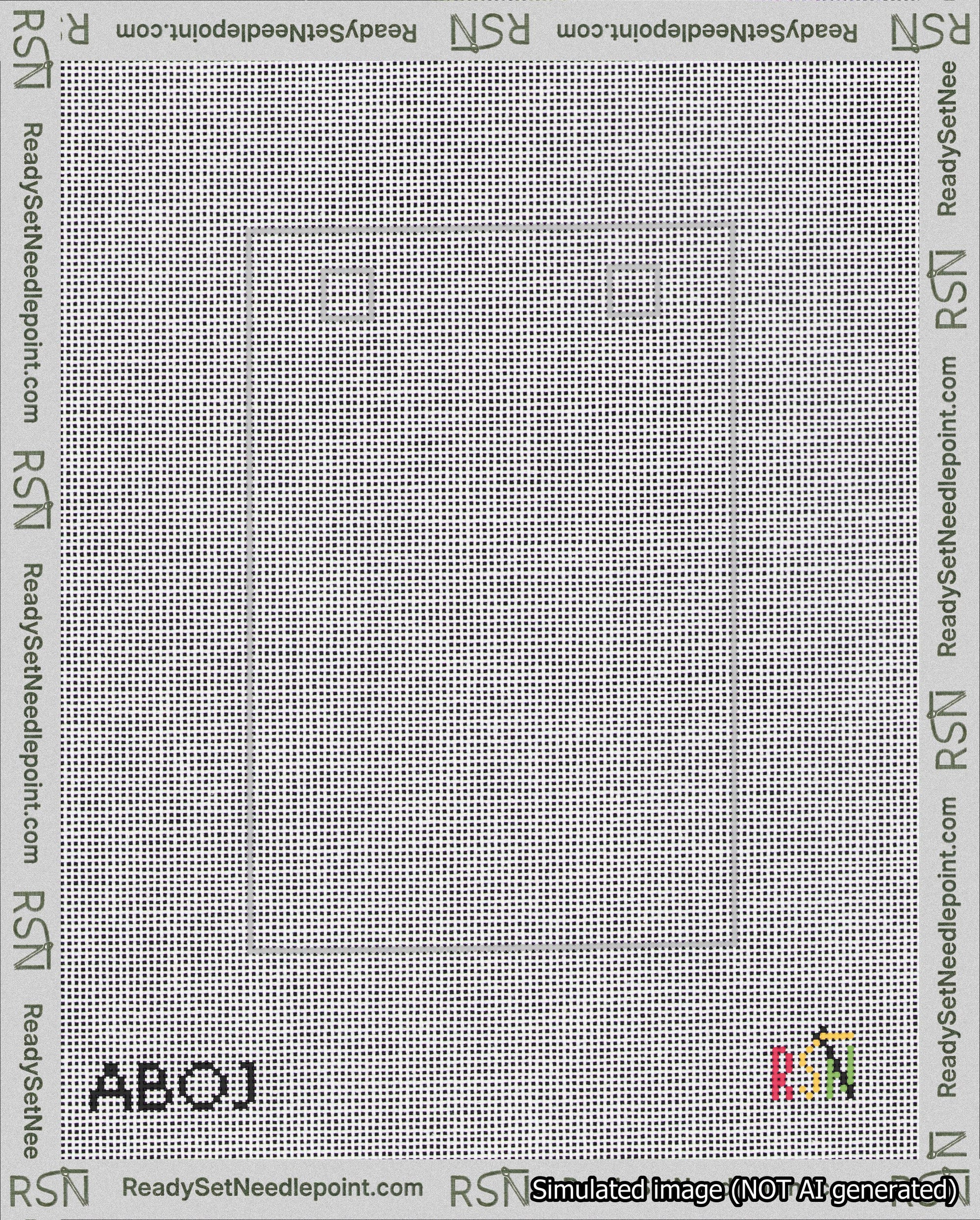 A taped needlepoint canvas with the design: Banner 18 mesh count Squared Blank White.