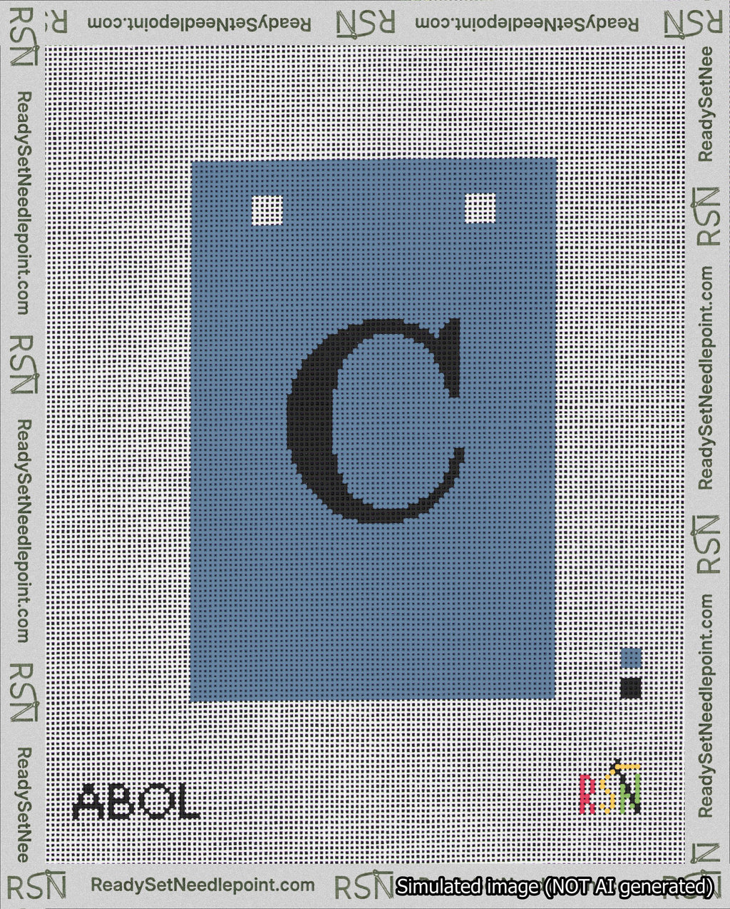 A taped needlepoint canvas with the design: Banner 18 mesh count Squared C Black on Blue.