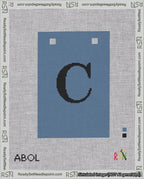 A taped needlepoint canvas with the design: Banner 18 mesh count Squared C Black on Blue.