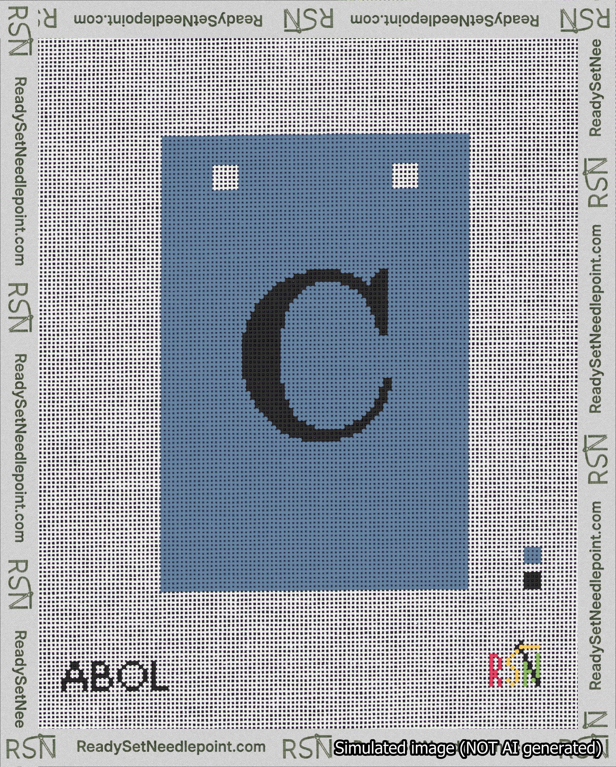 A taped needlepoint canvas with the design: Banner 18 mesh count Squared C Black on Blue.