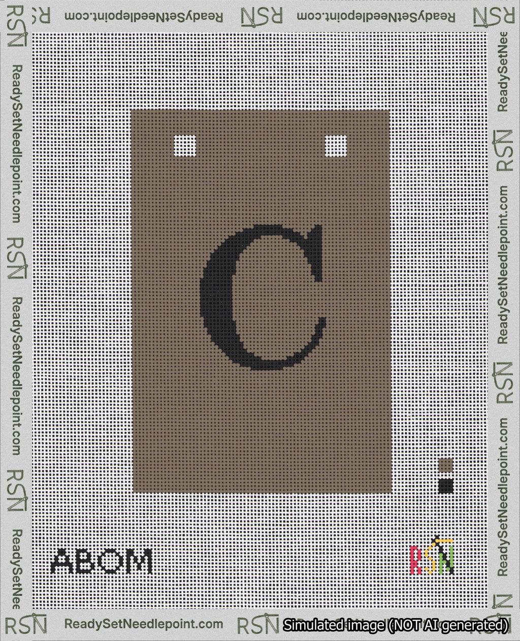 A taped needlepoint canvas with the design: Banner 18 mesh count Squared C Black on Brown.