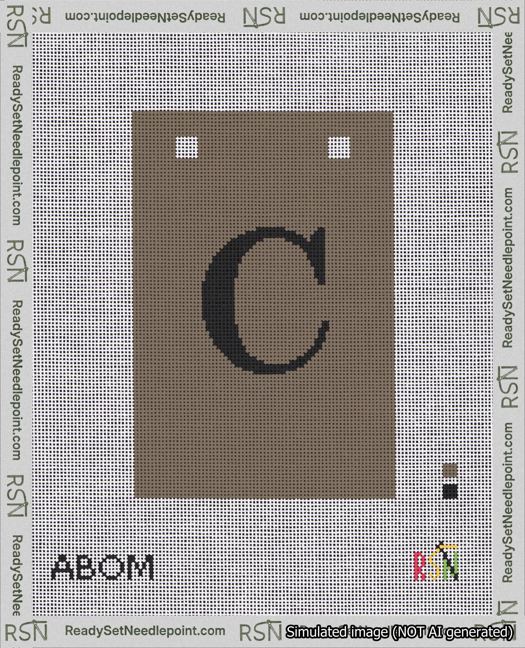 A taped needlepoint canvas with the design: Banner 18 mesh count Squared C Black on Brown.