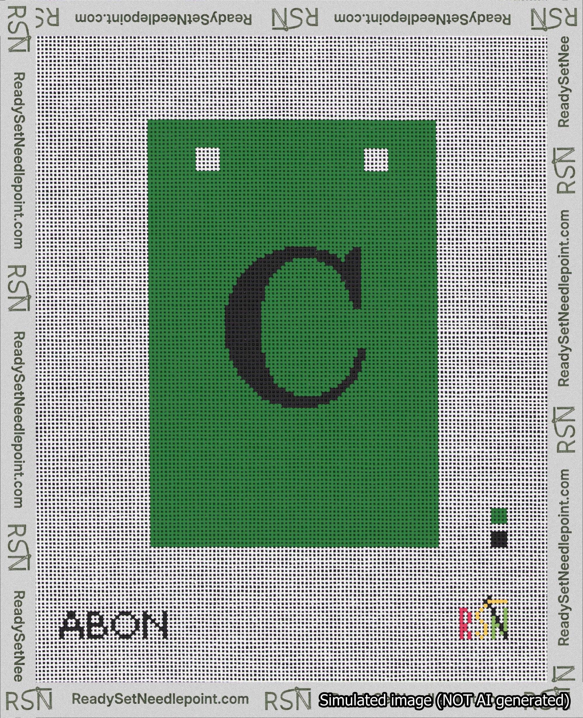 A taped needlepoint canvas with the design: Banner 18 mesh count Squared C Black on Green.
