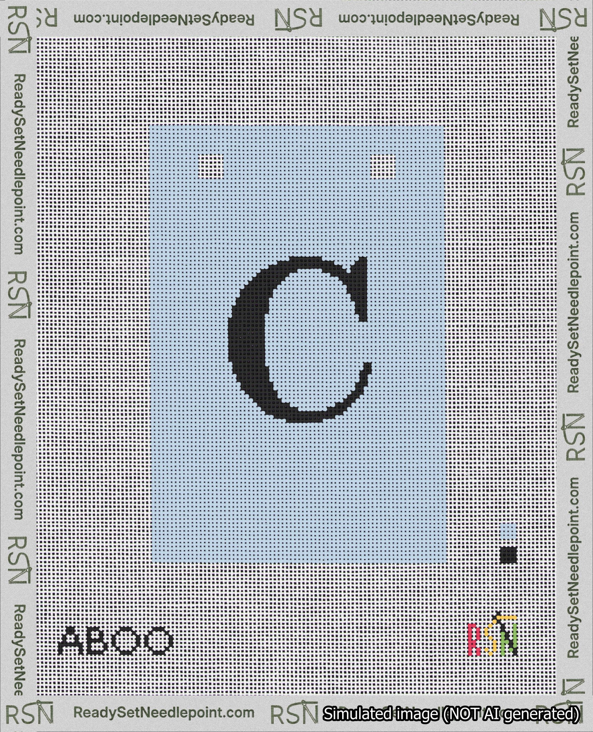 A taped needlepoint canvas with the design: Banner 18 mesh count Squared C Black on Light Blue.