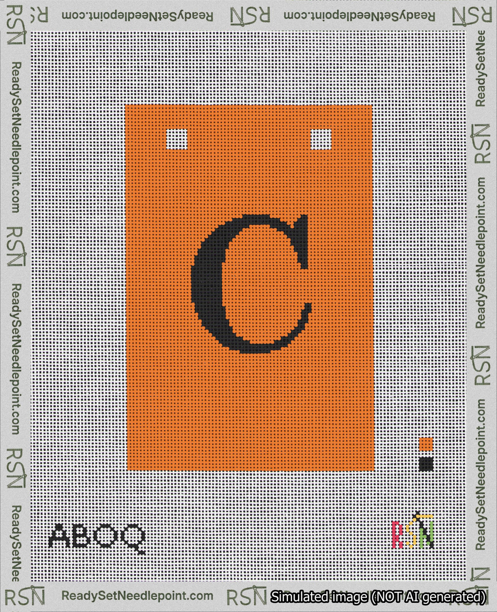A taped needlepoint canvas with the design: Banner 18 mesh count Squared C Black on Orange.
