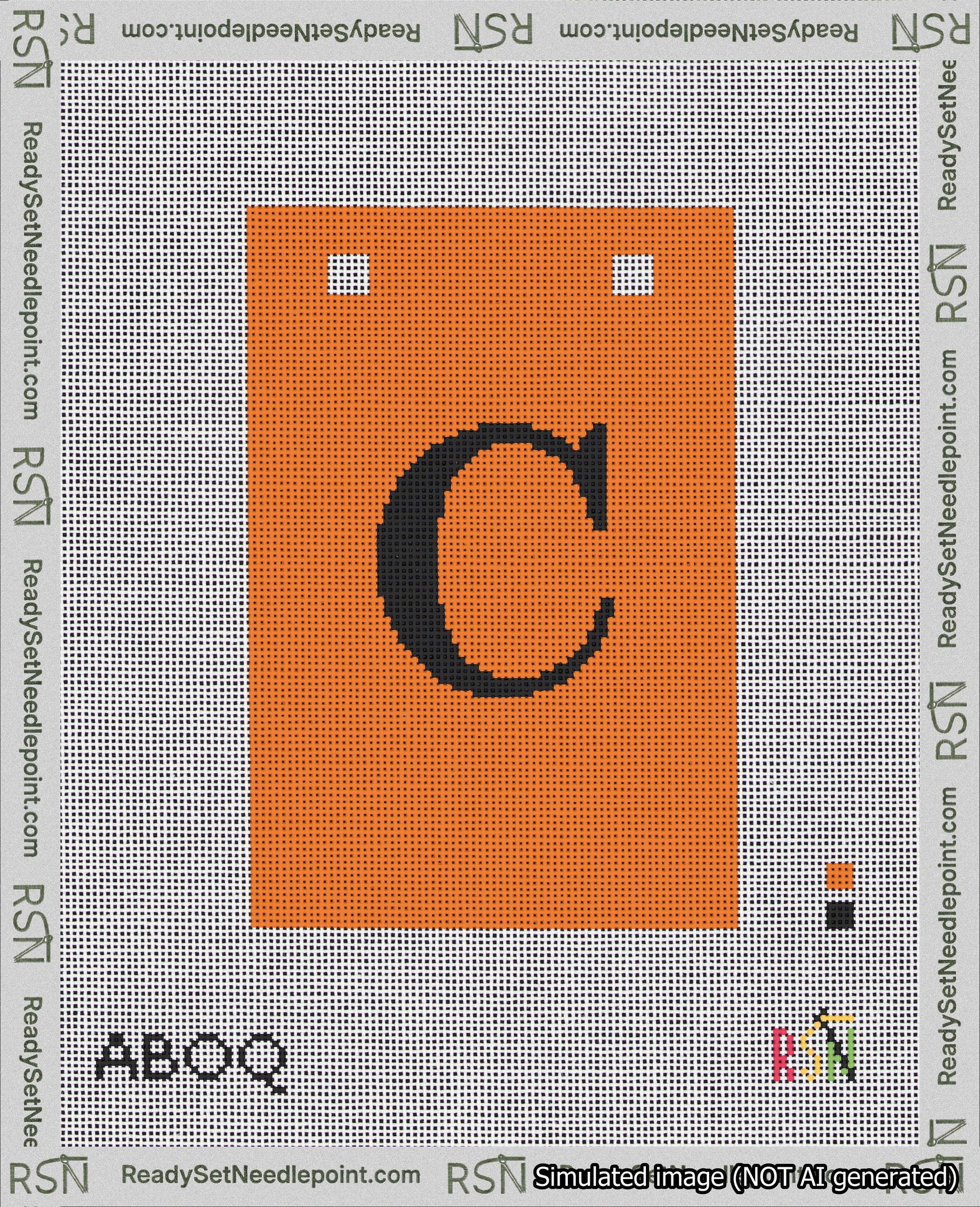A taped needlepoint canvas with the design: Banner 18 mesh count Squared C Black on Orange.