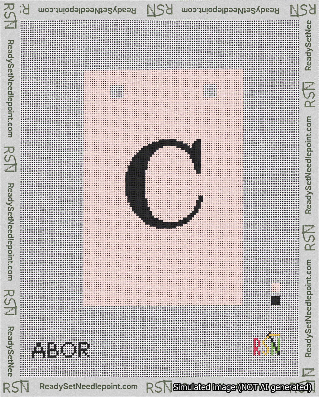 A taped needlepoint canvas with the design: Banner 18 mesh count Squared C Black on Pink.