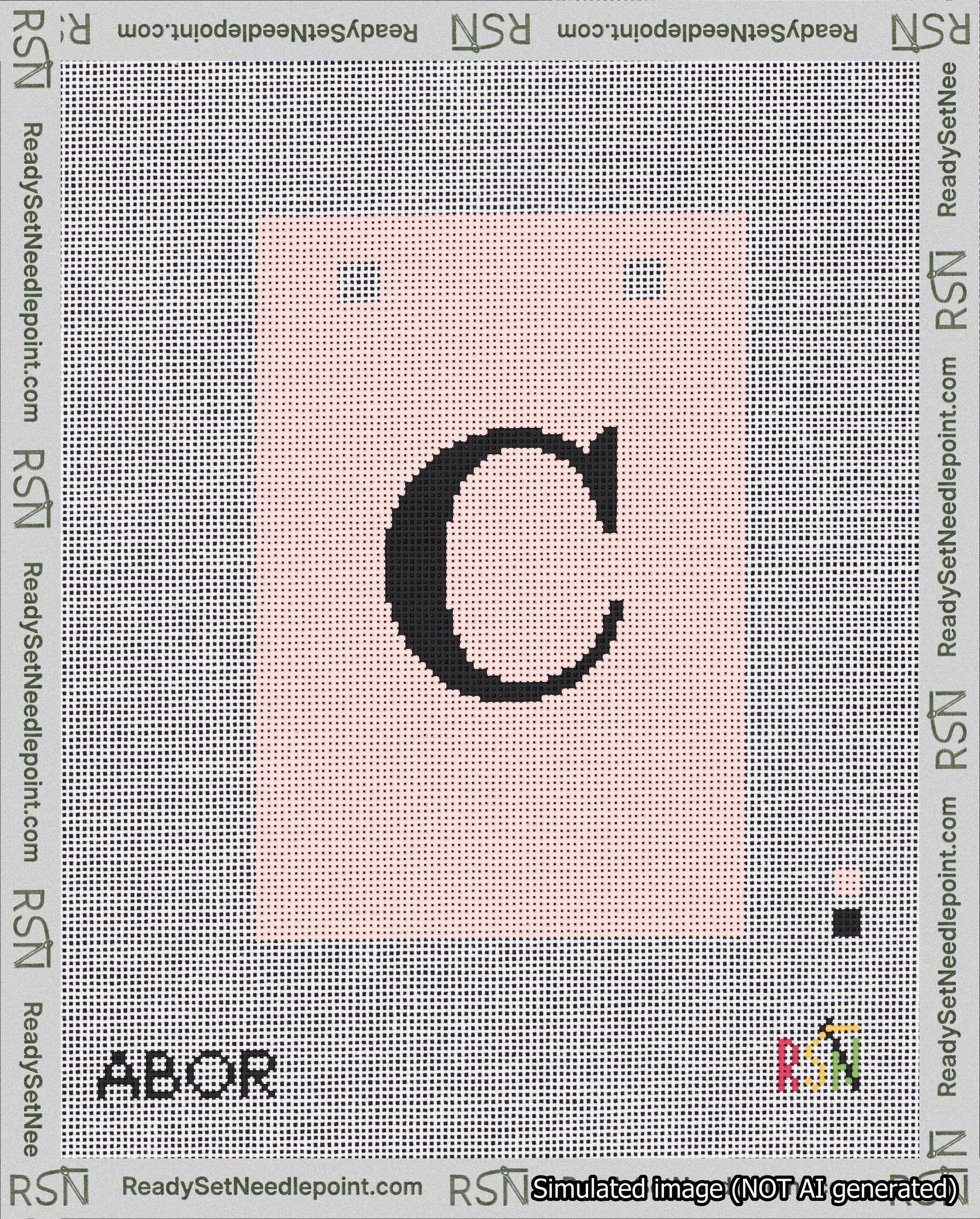 A taped needlepoint canvas with the design: Banner 18 mesh count Squared C Black on Pink.