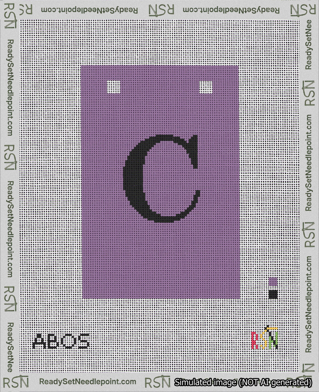 A taped needlepoint canvas with the design: Banner 18 mesh count Squared C Black on Purple.