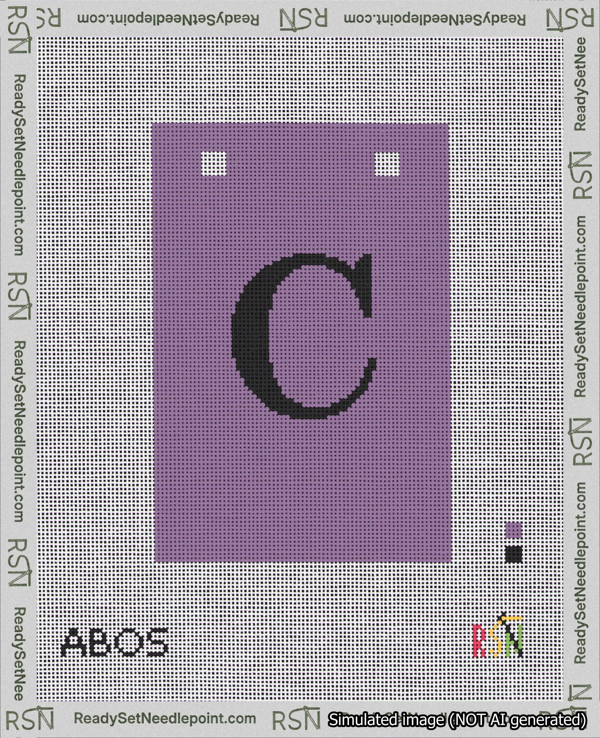 A taped needlepoint canvas with the design: Banner 18 mesh count Squared C Black on Purple.