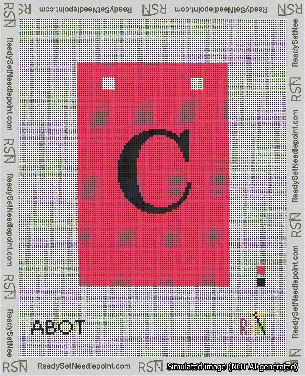 A taped needlepoint canvas with the design: Banner 18 mesh count Squared C Black on Red.