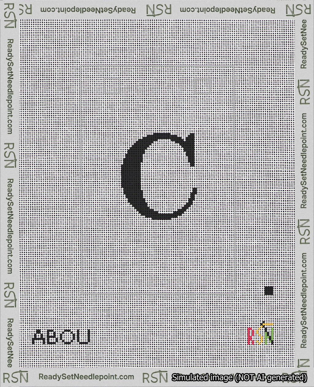 A taped needlepoint canvas with the design: Banner 18 mesh count Squared C Black on White.