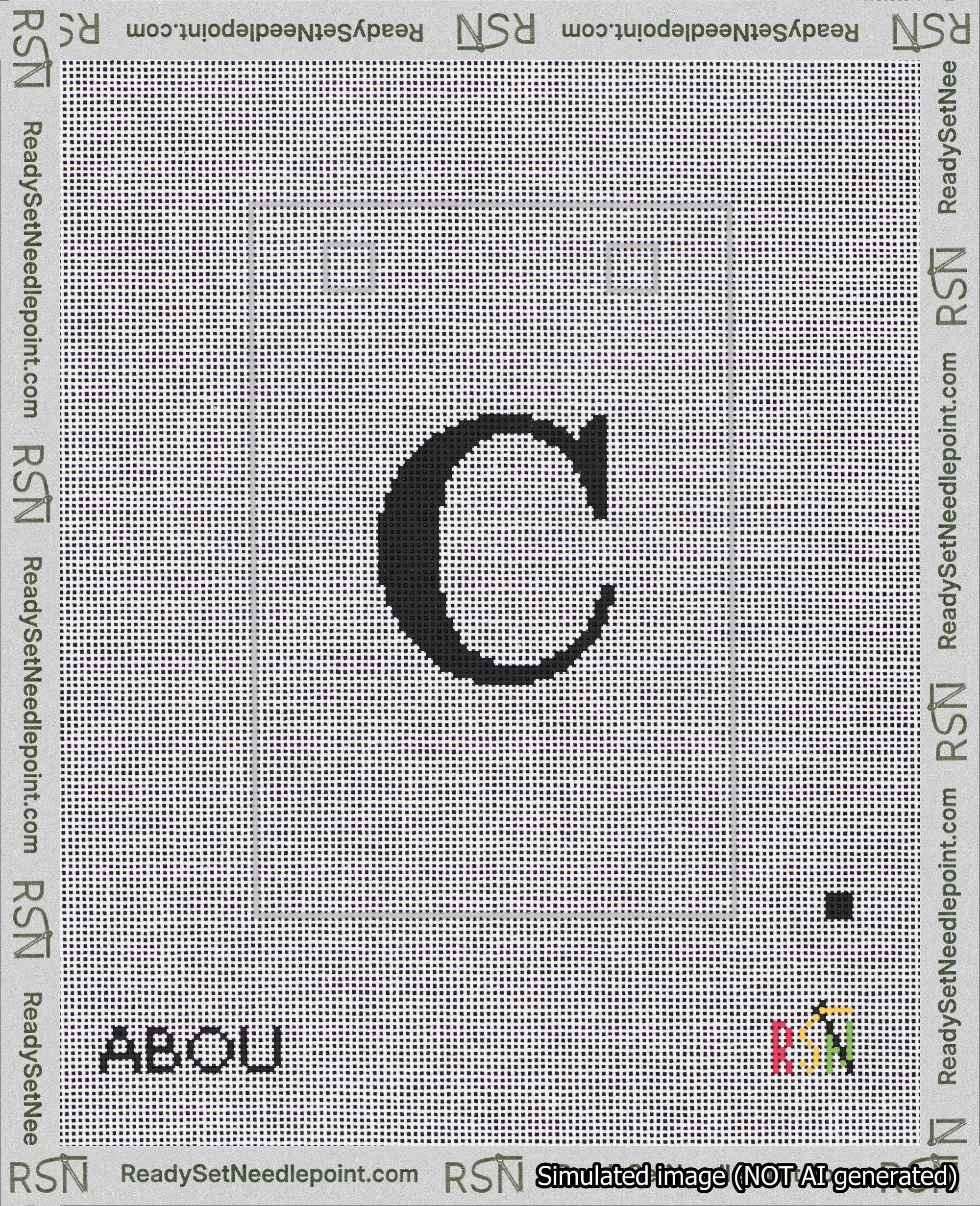 A taped needlepoint canvas with the design: Banner 18 mesh count Squared C Black on White.