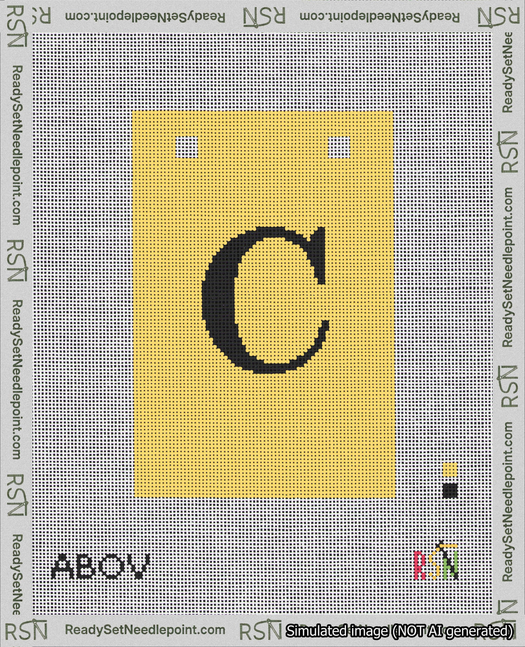 A taped needlepoint canvas with the design: Banner 18 mesh count Squared C Black on Yellow.