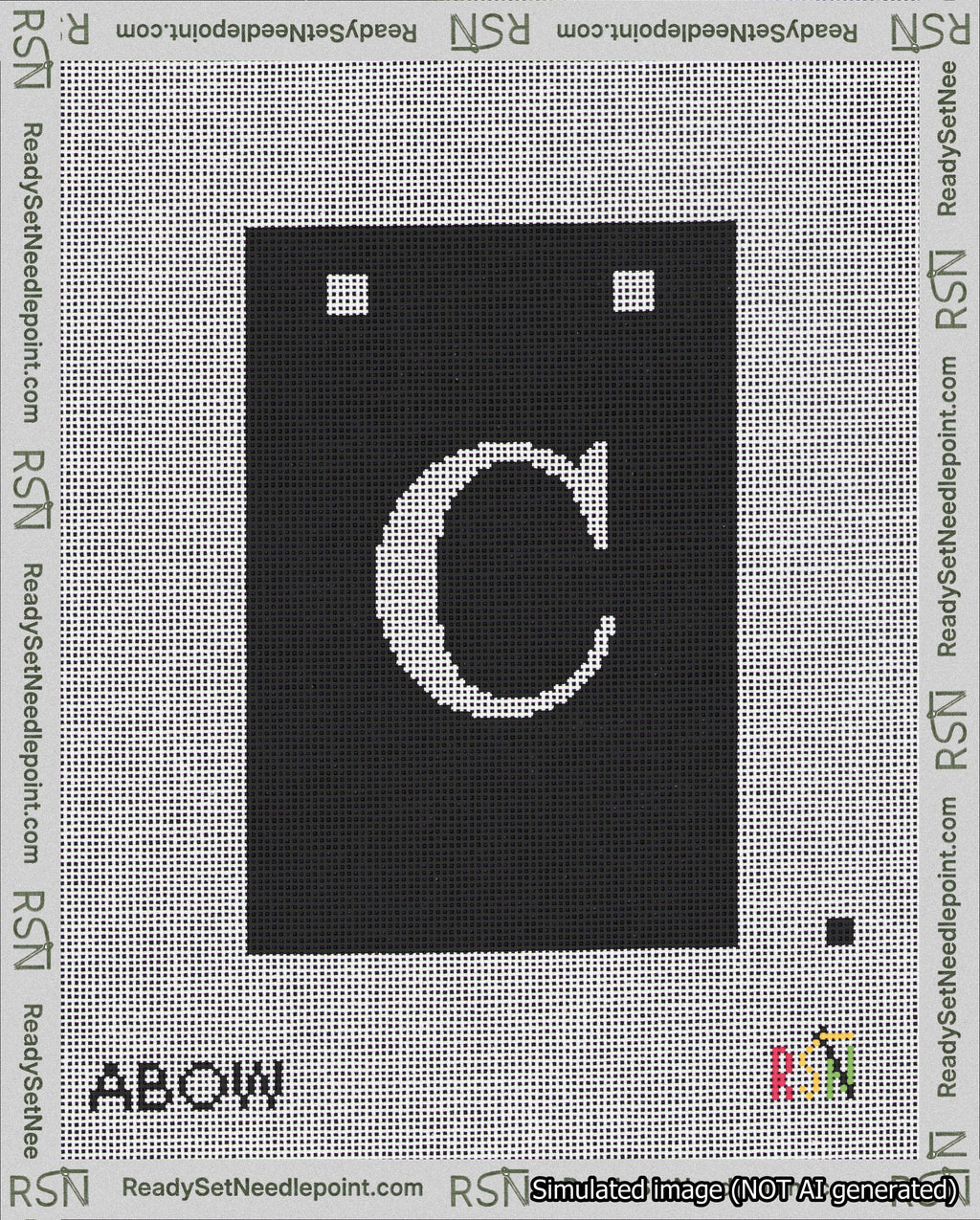 A taped needlepoint canvas with the design: Banner 18 mesh count Squared C White on Black.