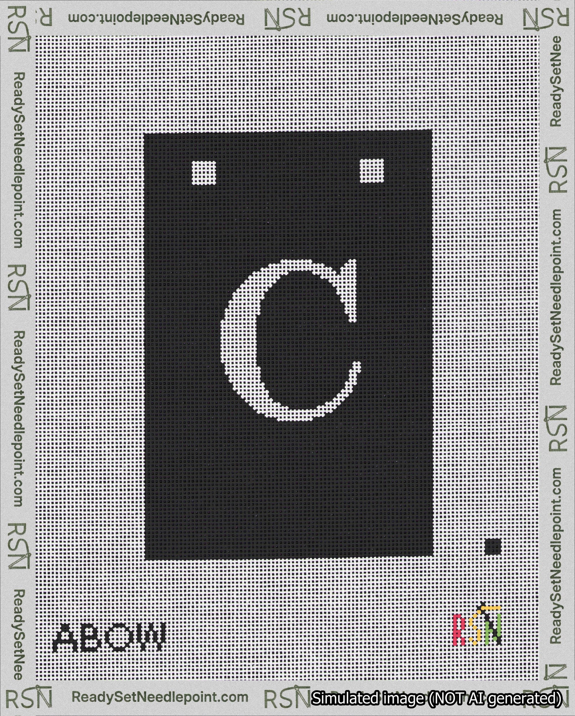 A taped needlepoint canvas with the design: Banner 18 mesh count Squared C White on Black.