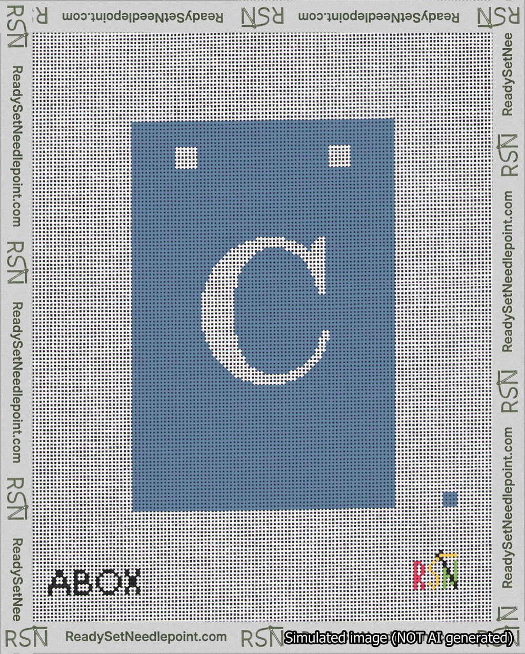 A taped needlepoint canvas with the design: Banner 18 mesh count Squared C White on Blue.
