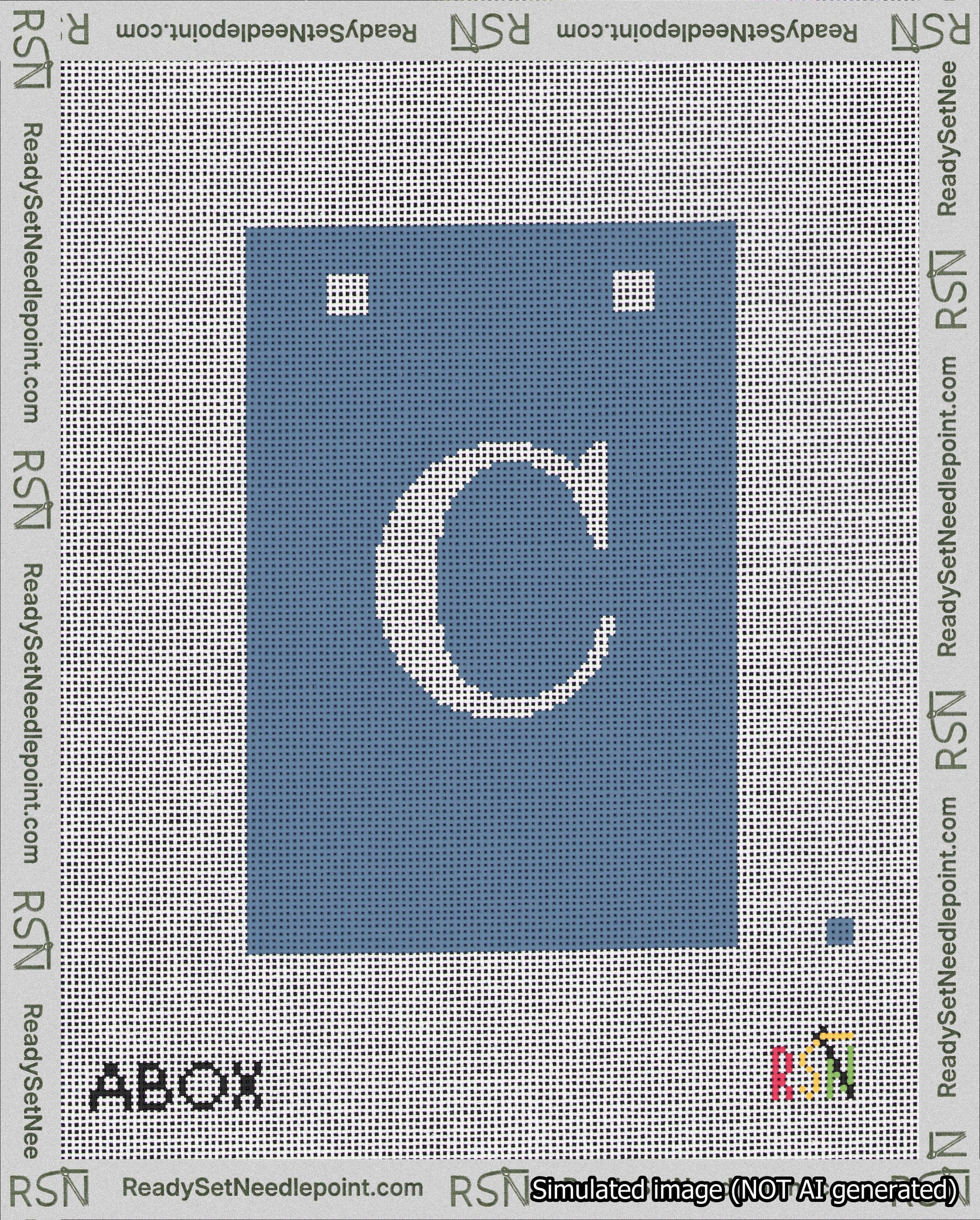 A taped needlepoint canvas with the design: Banner 18 mesh count Squared C White on Blue.