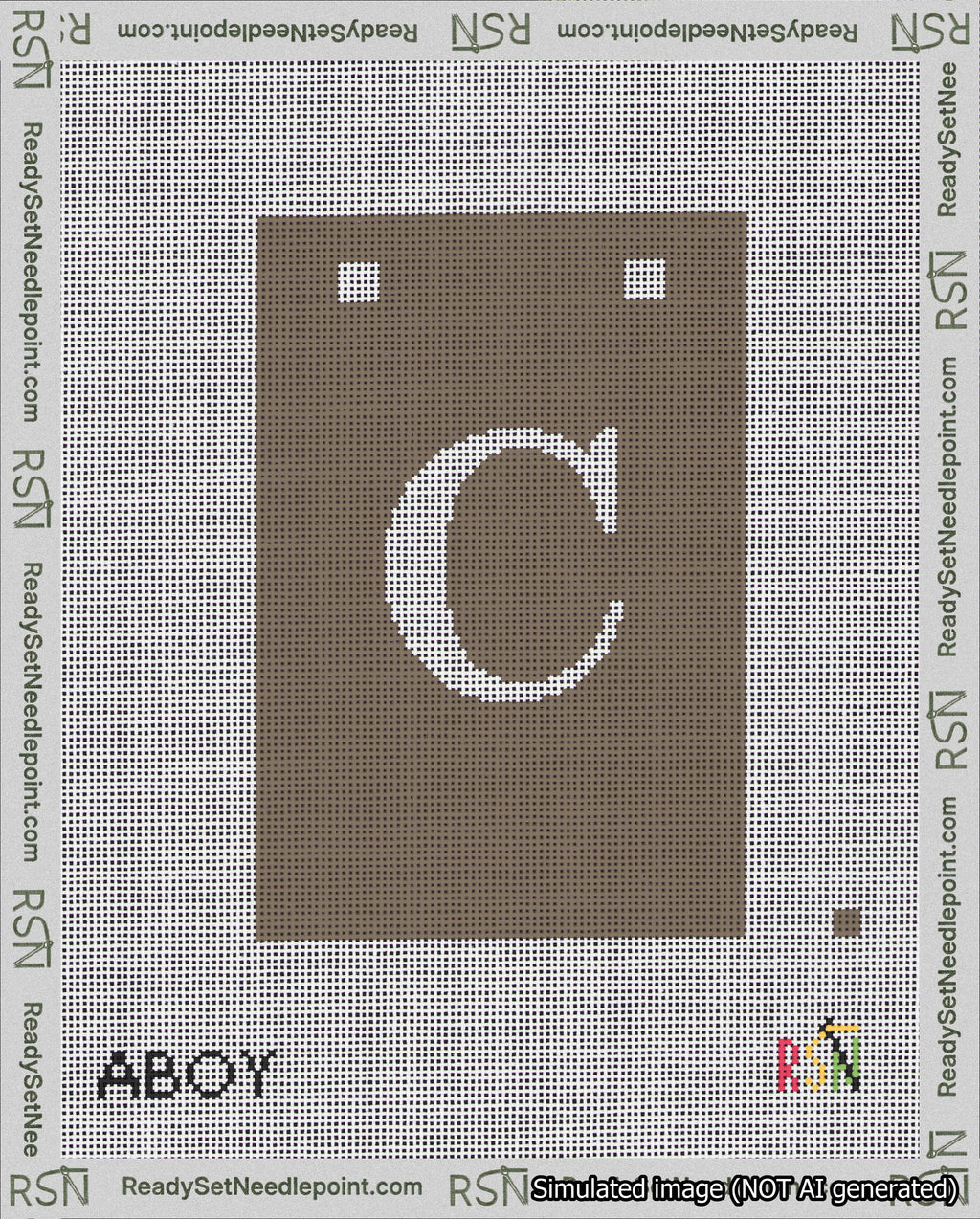A taped needlepoint canvas with the design: Banner 18 mesh count Squared C White on Brown.