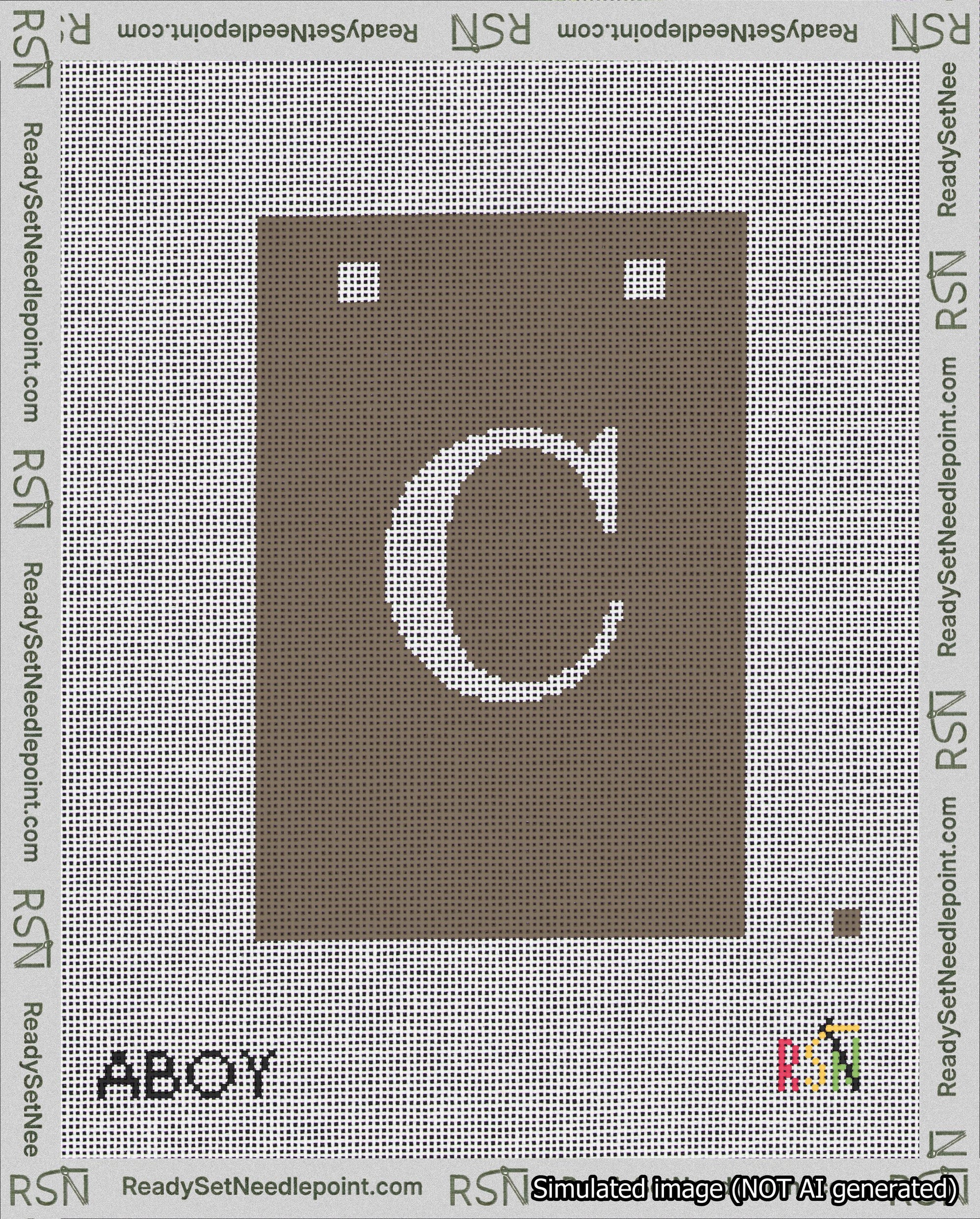 A taped needlepoint canvas with the design: Banner 18 mesh count Squared C White on Brown.